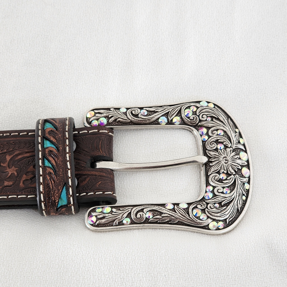 Ariat Women's Turquoise Inlay Floral Tooled Belt - Western Elegance! - Picture 5 of 13